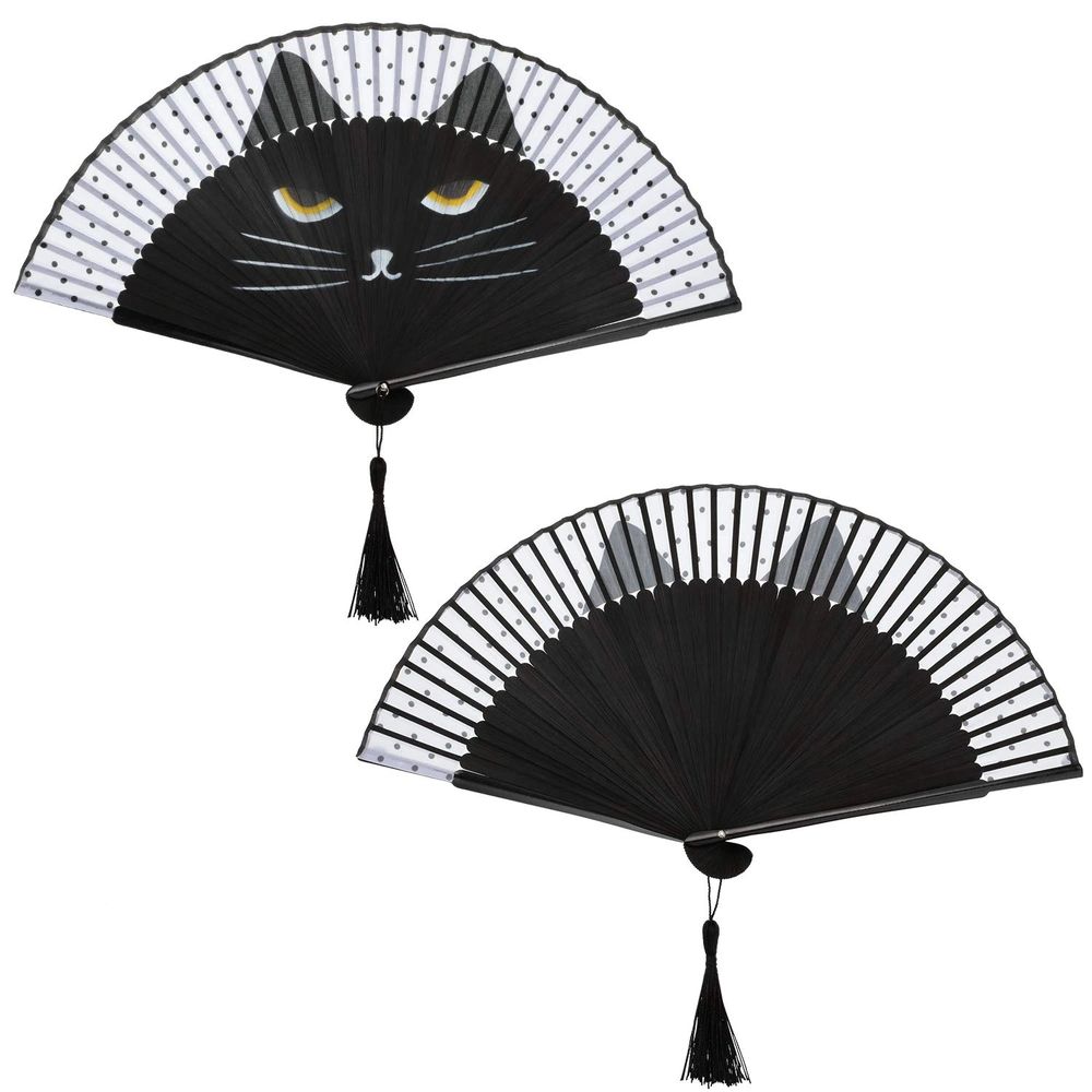 Cartoon Cat Hand Fans Folding Fan Hand Held Silk Fan Handheld Fan Black Cat Fan Women Foldable Fan with Store Bag