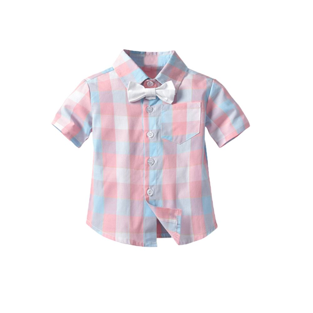 Bugava Boys Plaid Shirt Suspenders Set Summer Cotton Pink plaid shirt + suspenders 130cm — image 3