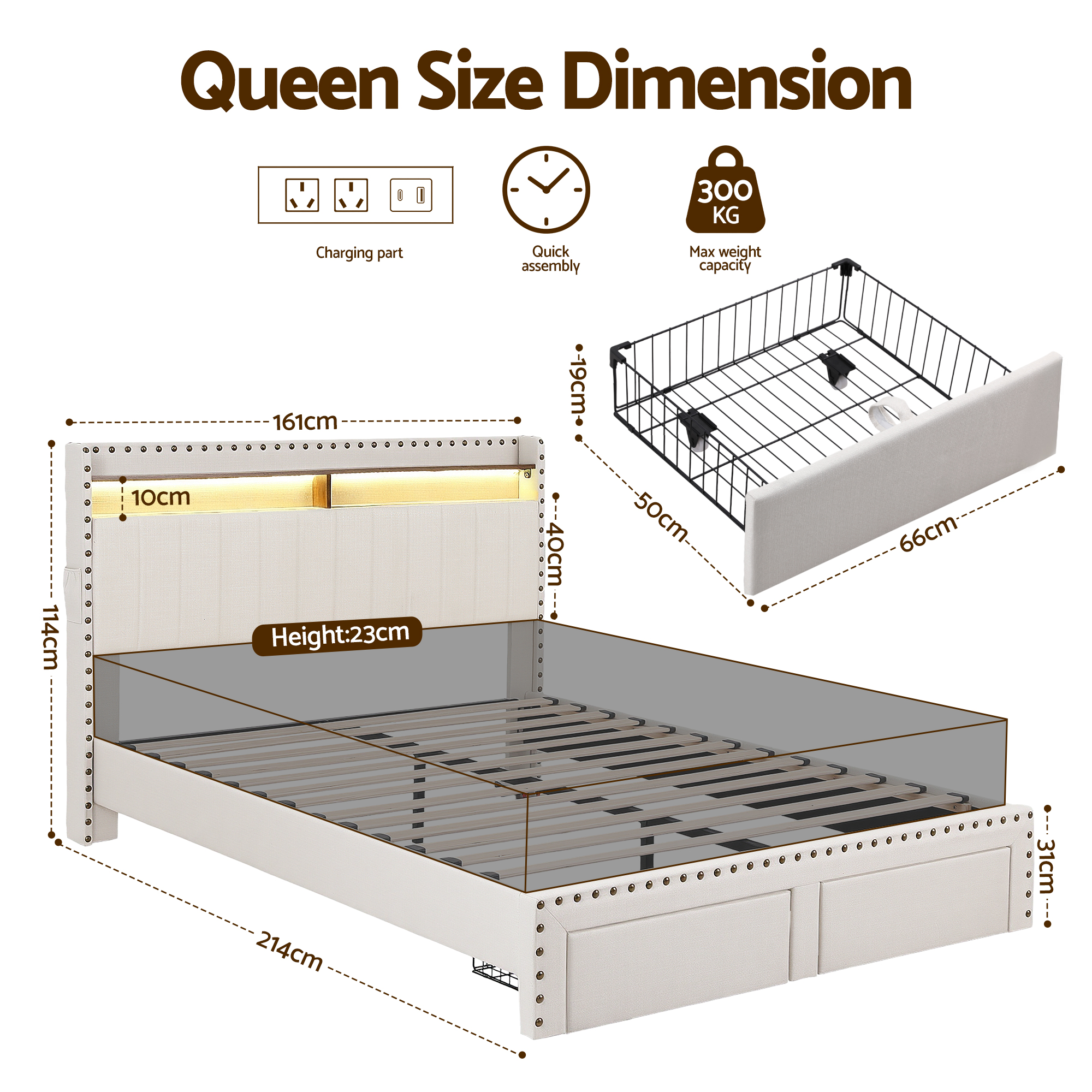 Artiss Queen Upholstered Bed Frame with Shelf Storage Drawers Charging Station Mood Lighting Linen โ image 2