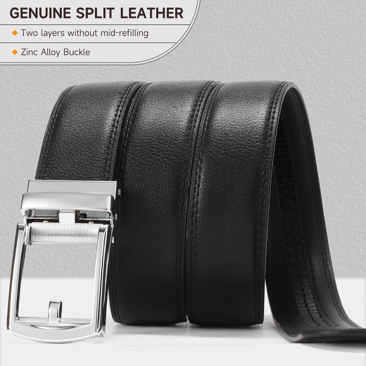 Ratchet Belt for Men Genuine Leather - Micro-Adjust Buckle Trim to Fit Dress Belt Casual to Formal Gift Boxed - Basic Silver - Black - Size 42"-50" Waist — image 4