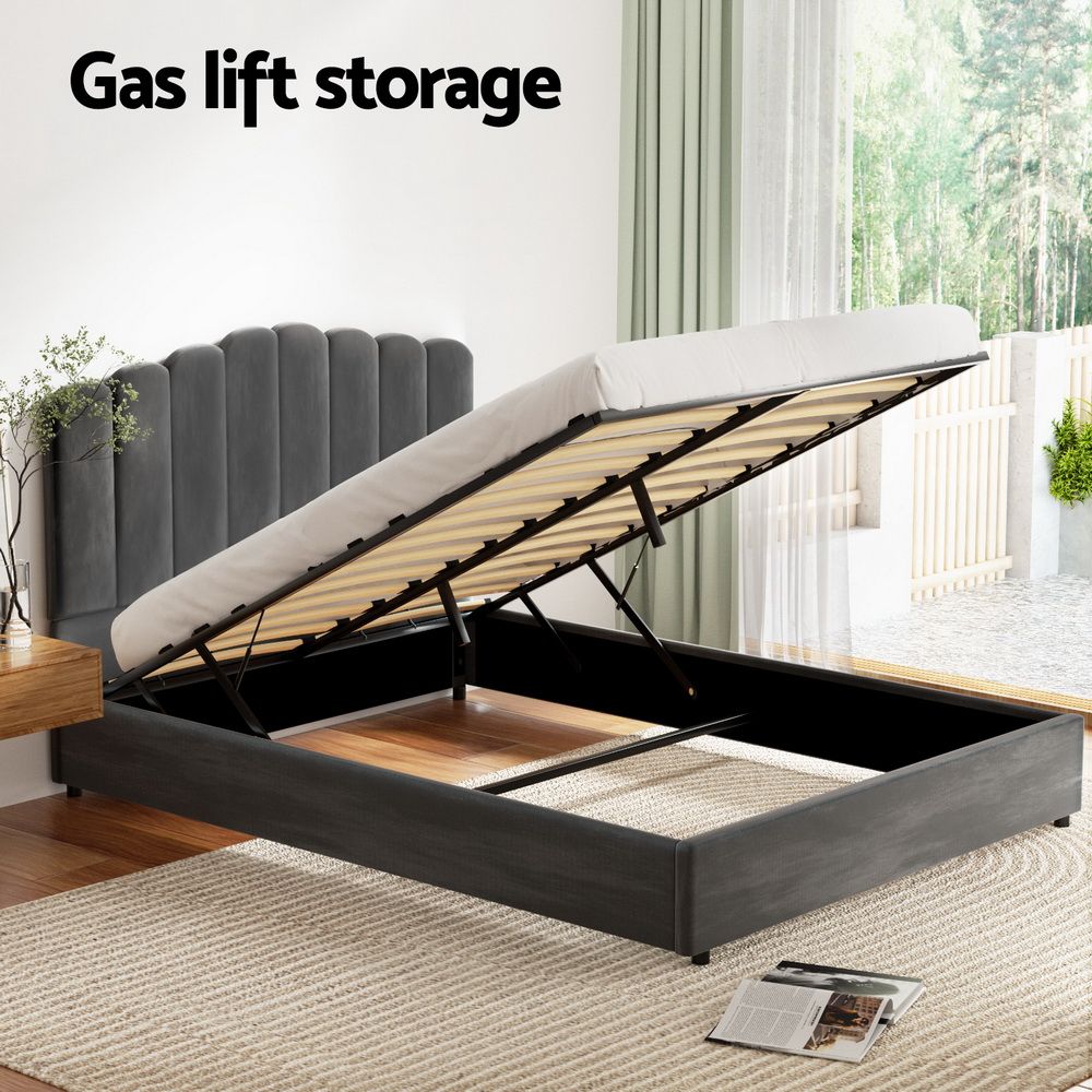 Artiss Bed Frame Queen Size Velvet Grey FION — image 4