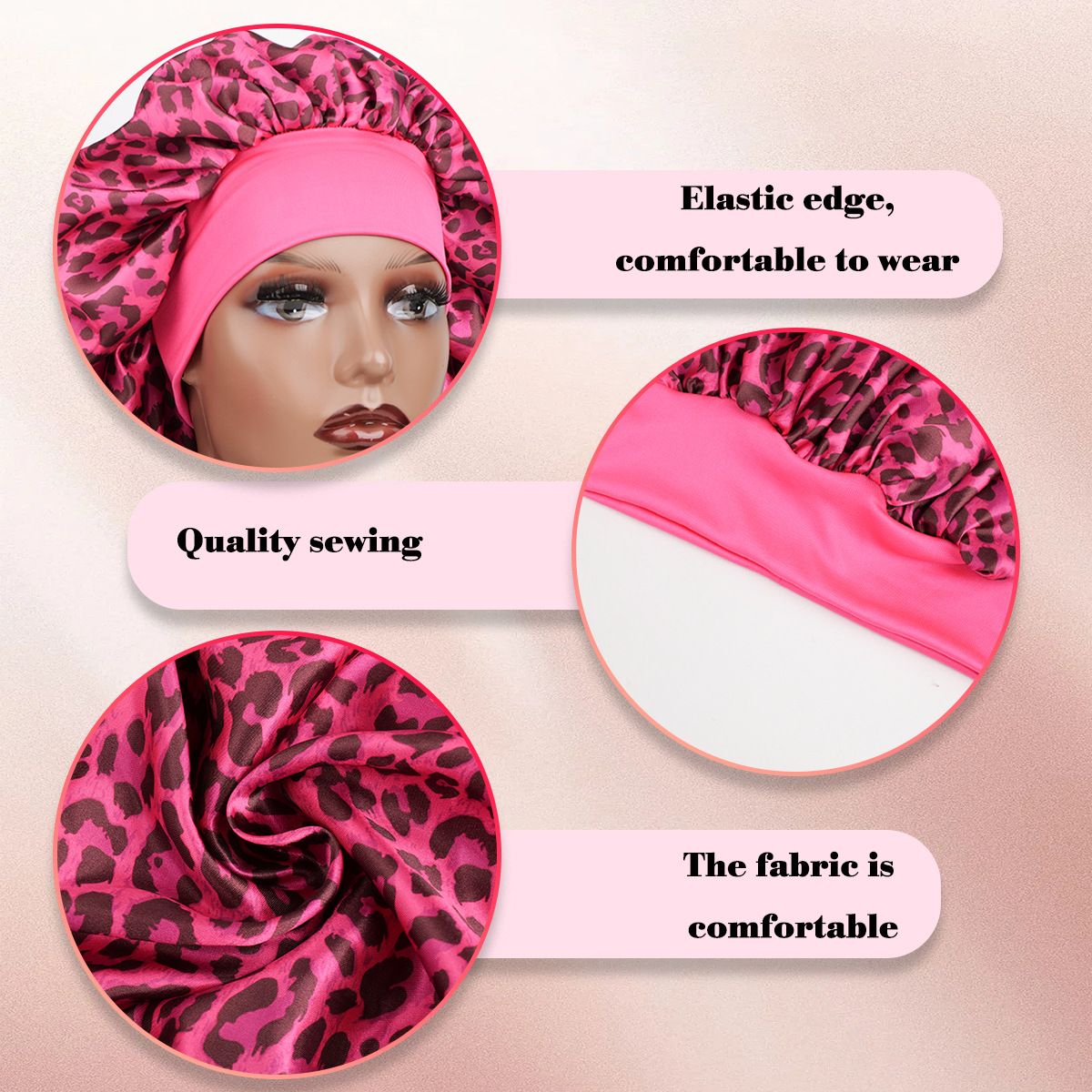 Leo -Rose Red Leopard Print Satin Sleep Bonnet - Large Size Hair Protection Cap with Elastic Band, Soft Lined for Curly Hair, Night Wear and Spa Use β image 2