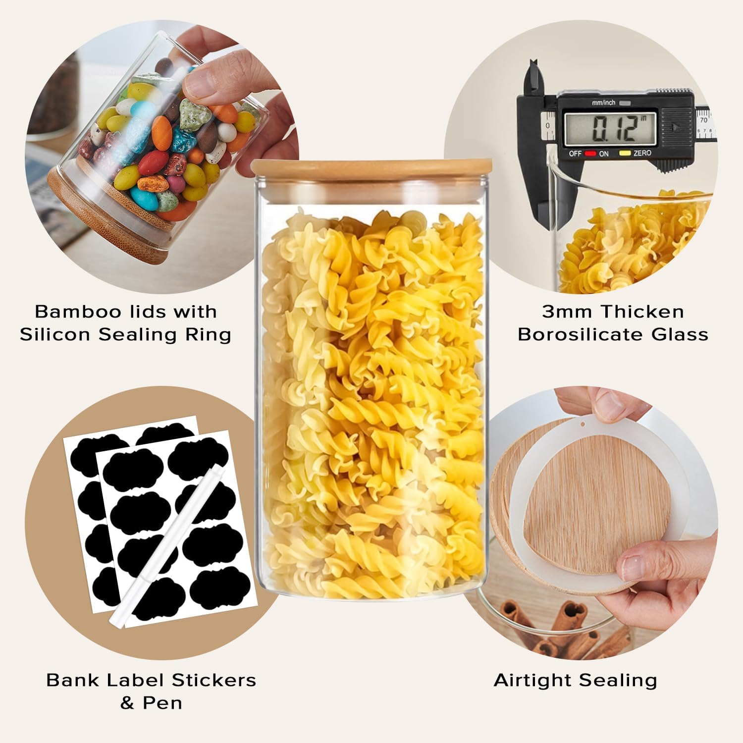 CARLA HOME 12 Pack Glass Storage Jars with Bamboo Lids for Kitchen Pantry, Pasta, Snacks, Cookies, Candy & More — image 3