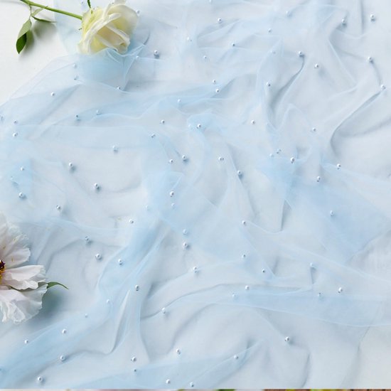 Light Blue Table Veil with White Pearls - Silky Gauze 30x120 Inches - For Weddings, Parties & Table Decorations โ image 6