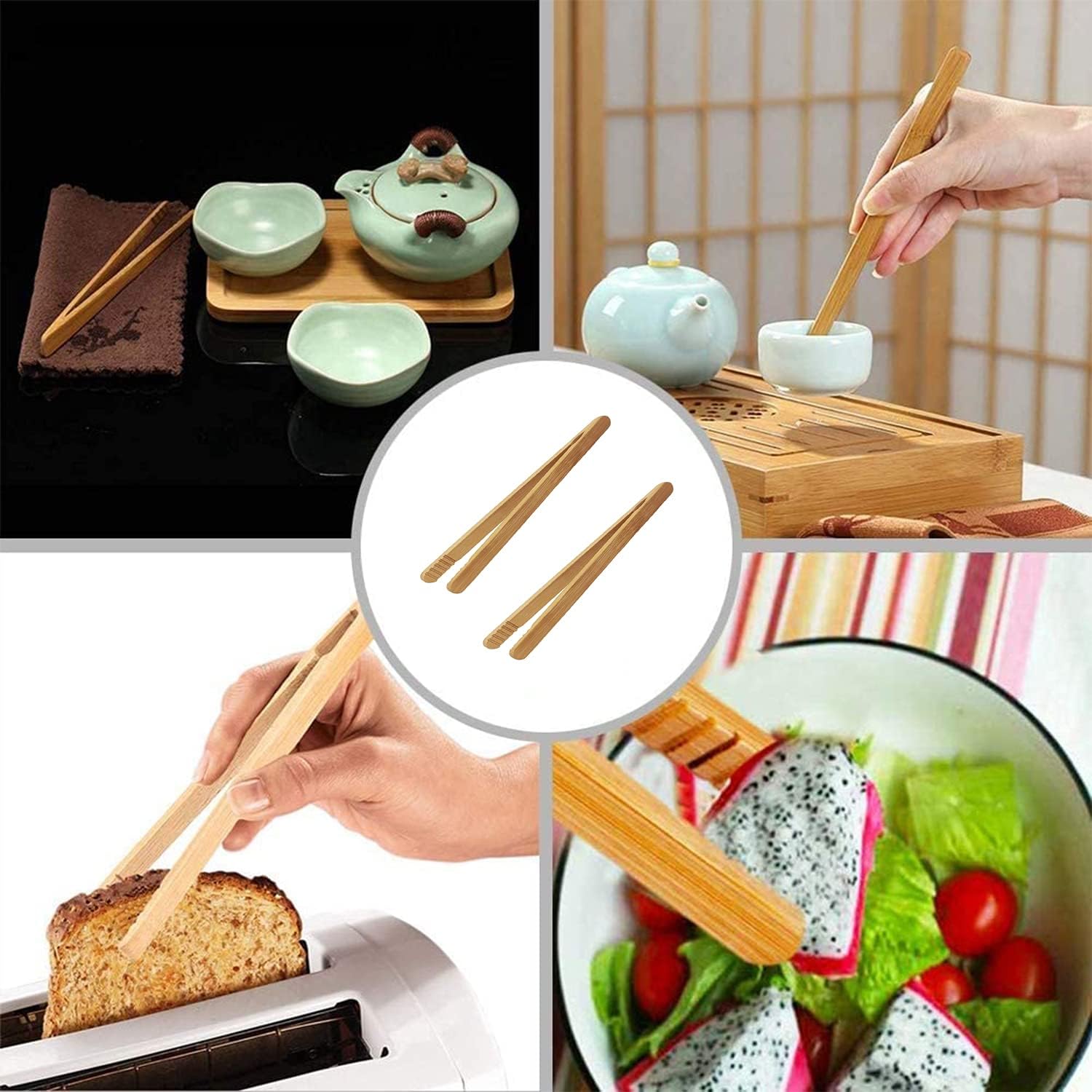 7 Inch Bamboo Kitchen Utensil Tongs, Reusable Bamboo Toast Tongs for Toast, Kimchi, Fruit and Tea, 8 Pcs — image 4