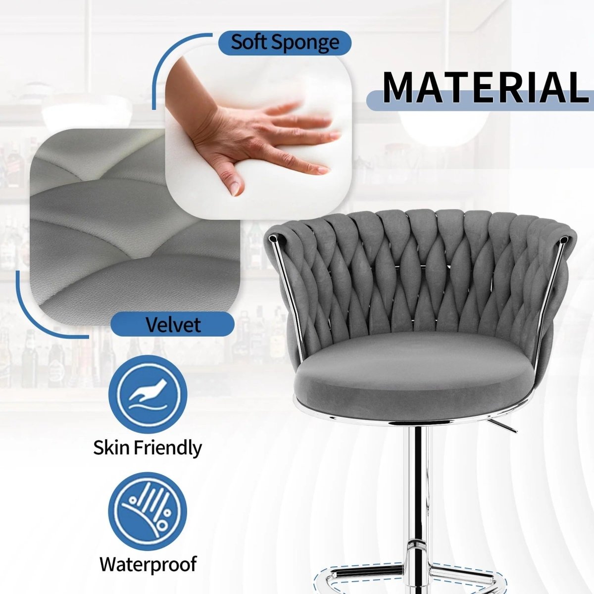 SERENITà Modern Silver Swivel Upholstered Velvet Adjustable Height Counter Stool with Metal Frame Grey (Set of 2) — image 5