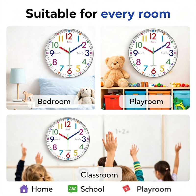 30 cm Children's Educational Wall Clock, Silent Color-Coded Learn-to-Tell-Time Clock — image 2