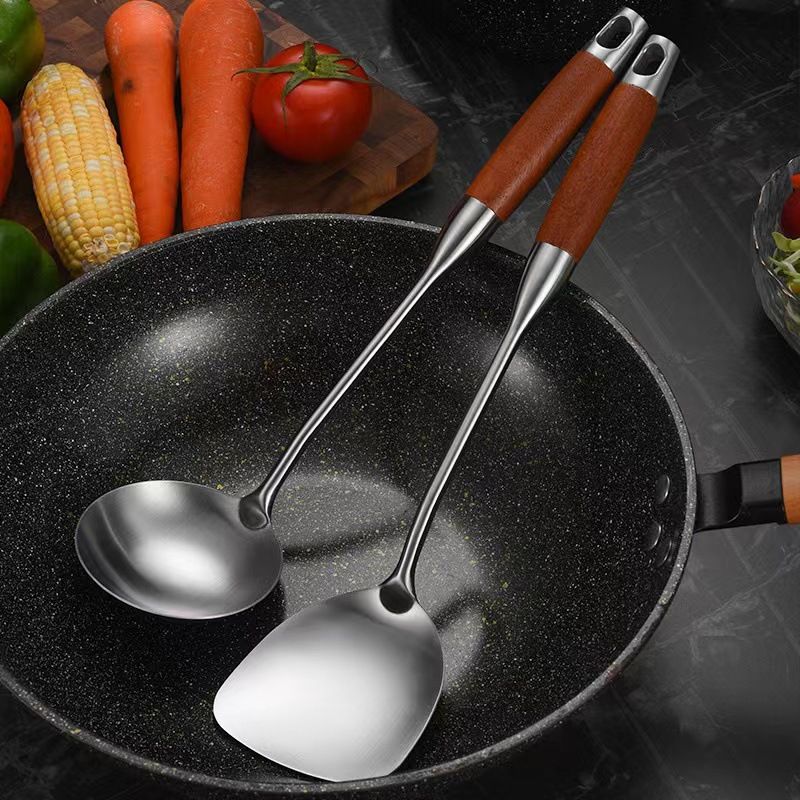 2 Pieces Wok Spatula, Stainless Steel Spatula with Heat Resistant Wooden Handle Wok Utensils,Silver โ image 2