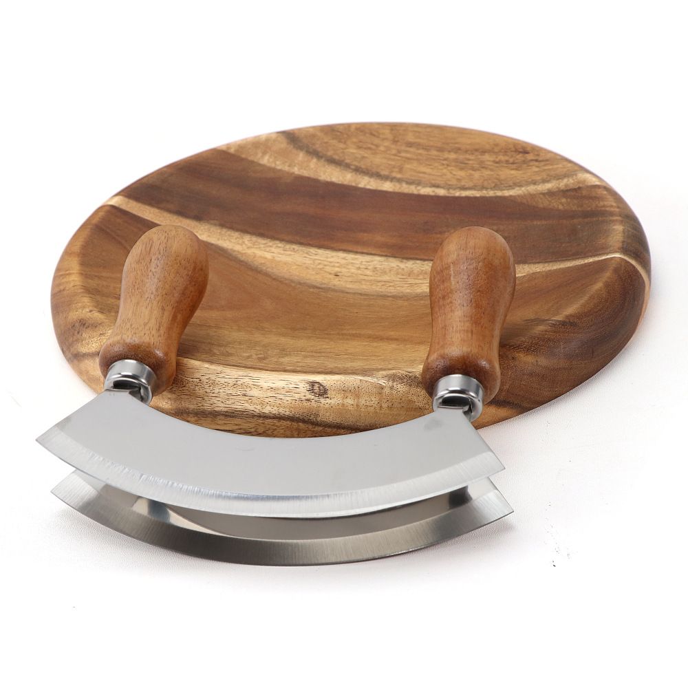 Cutting Board & Knife - Wooden Chopping Board & 2-Bladed Curved Herb Cutter - Round Wood Board & Double Blade Rocker Chopper โ image 5