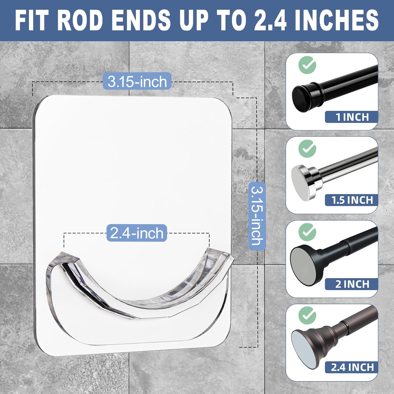 2 Pack Adhesive Curtain Rod Holders, No Drilling Shower Curtain Tension Rod Support Holder, Transparent Clear Durable Bathroom Rod Bracket — image 2