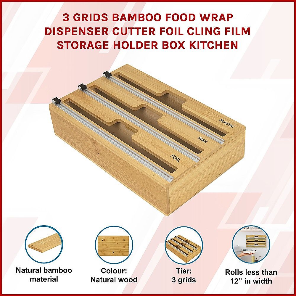 3 Grids Bamboo Food Wrap Dispenser Cutter Foil Cling Film Storage Holder Box Kitchen โ image 7