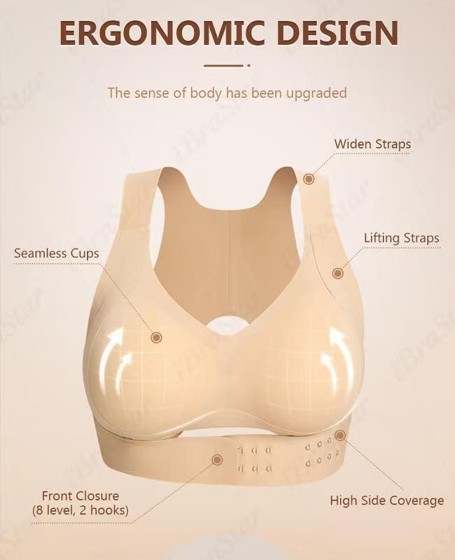 L Size Skin Tone Wireless Posture Support Sports Full Coverage Bra for Women – High Elastic Seamless Fitness Underwear with Adjustable Front Closure, Wide — image 5