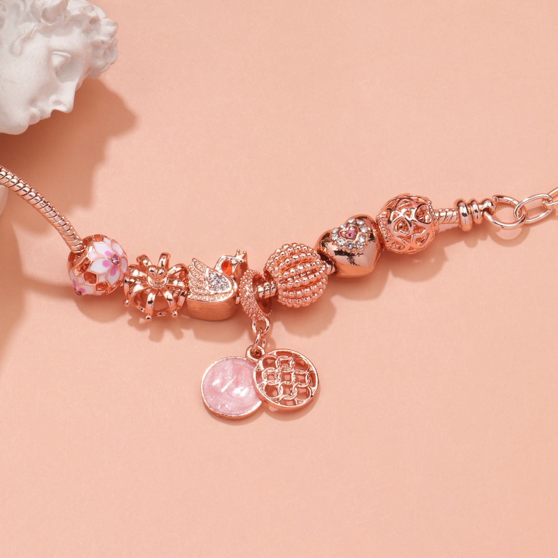 Hollow Crystal-Encrusted Swan Crown Flower Heart Bracelet(rose gold,20cm) — image 2