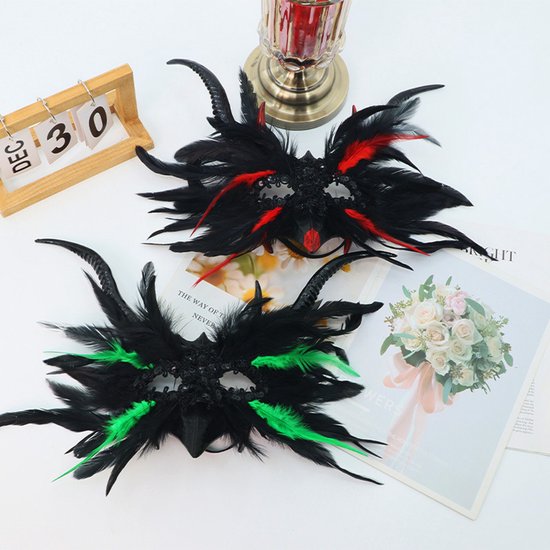 Mask - New for Halloween - Gothic Style - Mask with Decorative Feather Lace - Devil's Horn Mask - Role-playing Prop โ image 2
