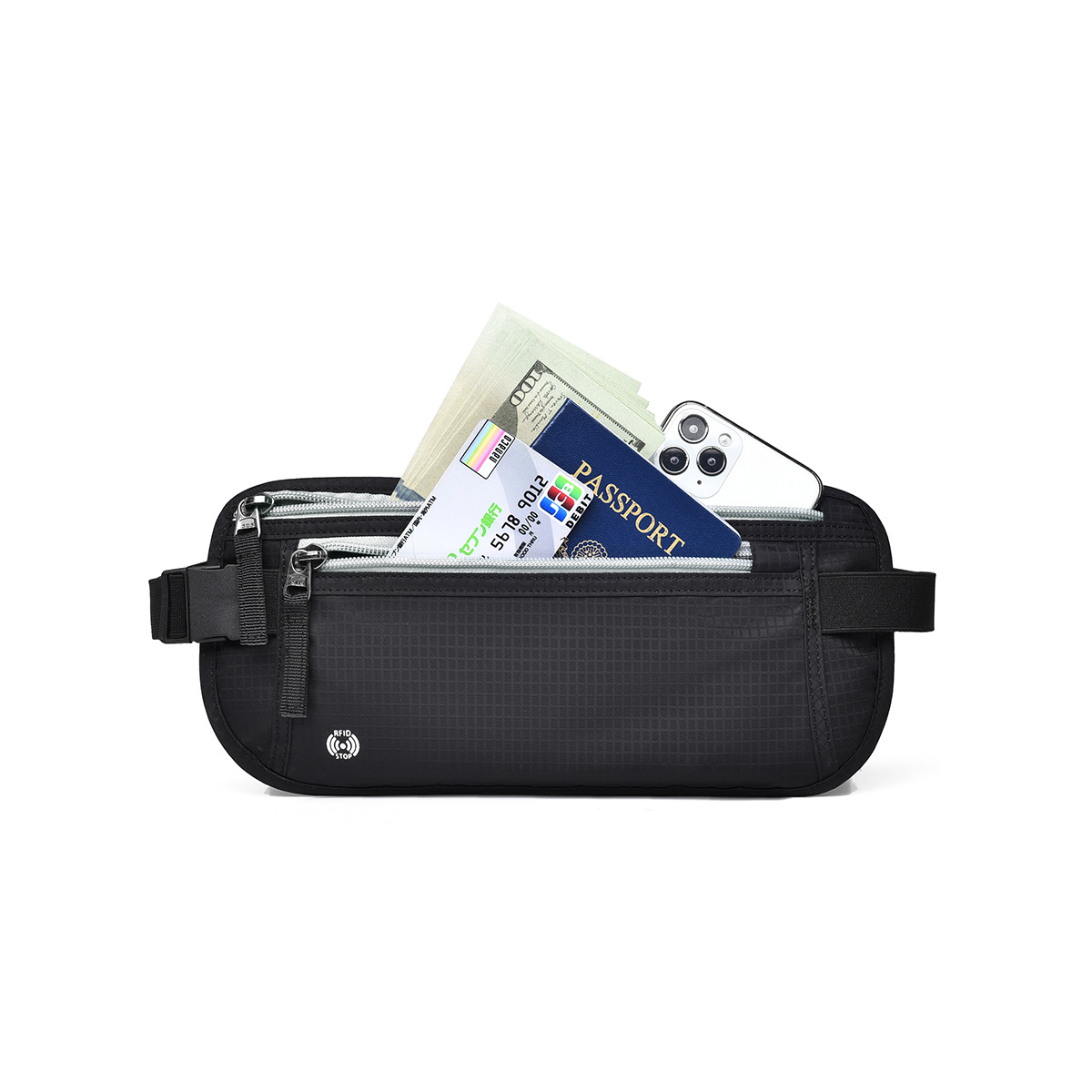 Black(Gray Zipper) Nylon Travel Waist Pack - Waterproof, RFID Blocking, Lightweight โ image 3