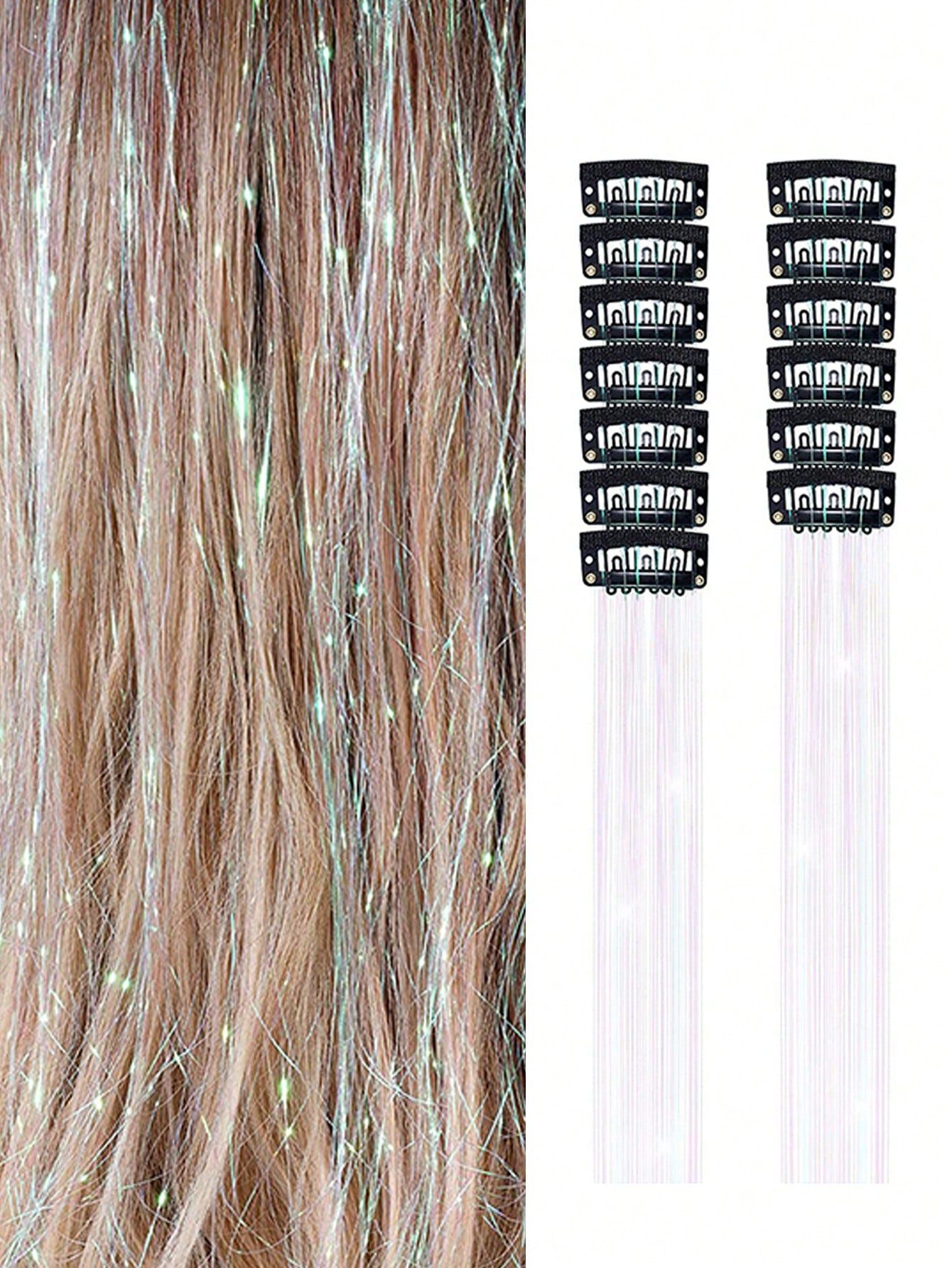 12Pcs Hair Tinsel Clip In 20Inch Fashion Glitter Tinsel Synthetic Straight Hair Extensions Clip In Hair Tinsel Kit Heat Resistant Shiny Sparkle Fairy Hair