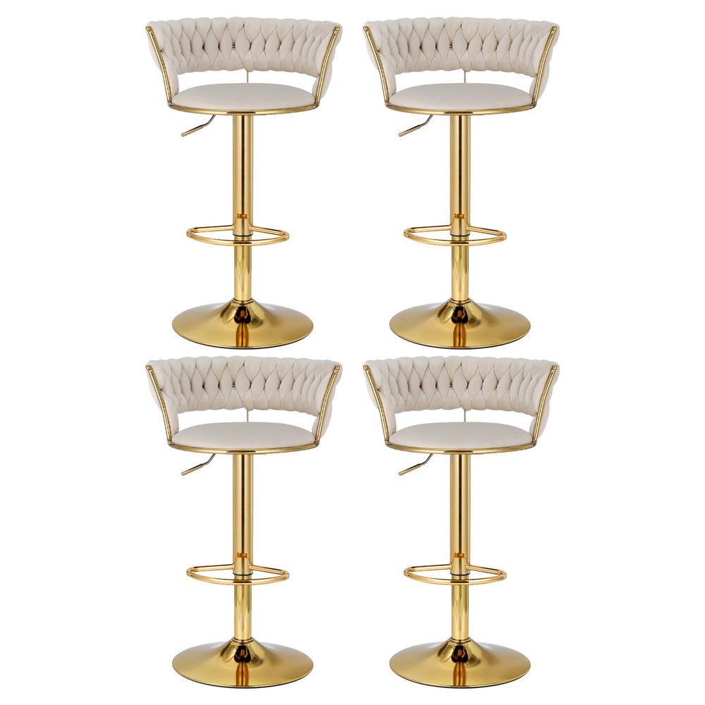 Artiss 4x Bar Stools Gas Lift Velvet Woven Backrest Ivory — image 3