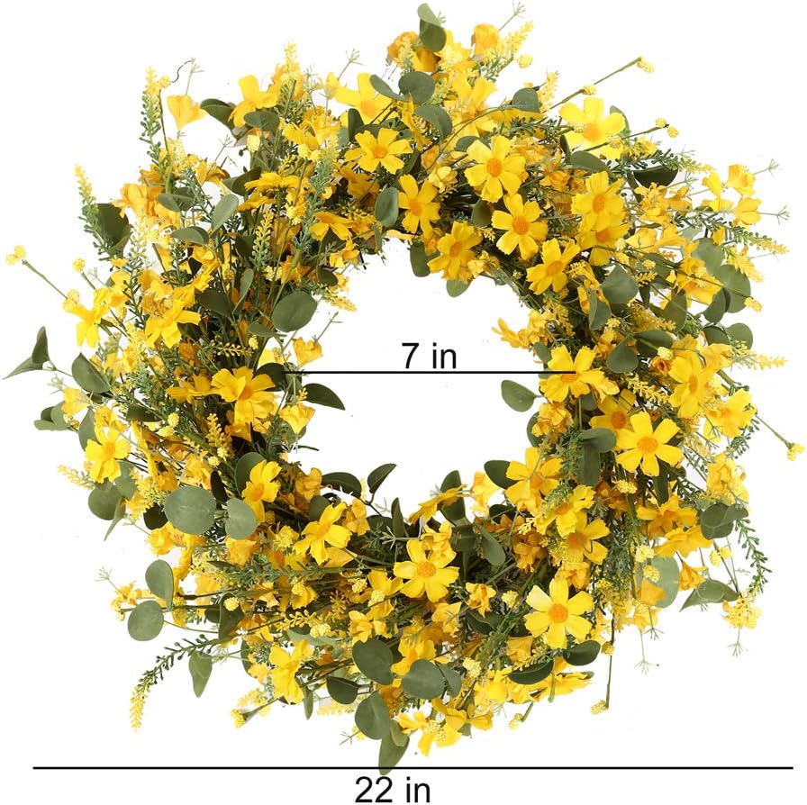 Artificial Spring Wreath 22 Inch Summer Wreaths for Front Door Yellow Daisy Wreath for Indoor Outdoor Home Decor and Easter Celebration — image 4