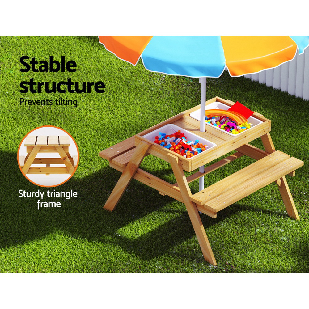 Keezi Kids Outdoor Table and Chairs Picnic Bench Umbrella Set Water Sand Pit Box — image 5
