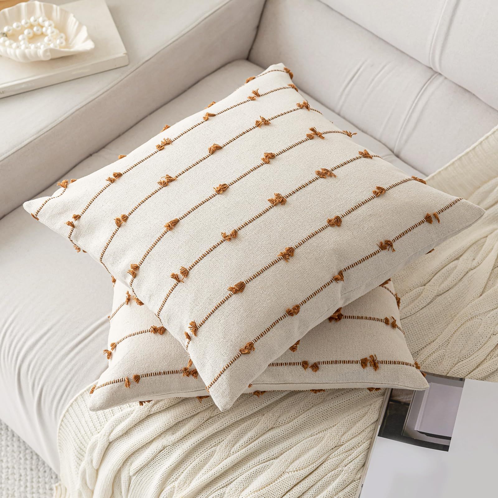 Boho Throw Pillow Covers 18x18 Set of 2 Modern Farmhouse Decorative Cushion Case Tufted Square Pillows Cover Neutral Pillow — image 2