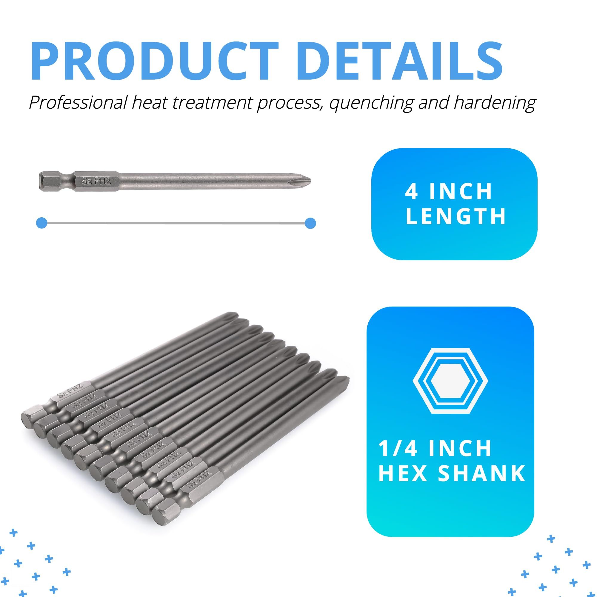 Cross Slot PH2#2 Long Screwdriver Bit Set 10 PCS 1/4 Inch Hex Shank 4 Inch/100 mm Length S2 Steel with Magnetic โ image 3