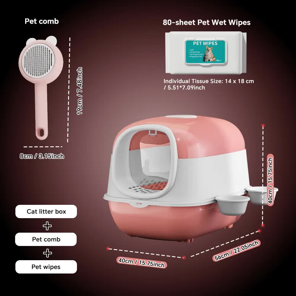 Huge 56cm Cat Litter Box Bundle with Free Pet Comb & 80 Wipes, Hooded Enclosed Potty with Drawer, Anti-Splashing Cat Toilet Cleaning Kit for Big Cats โ image 2