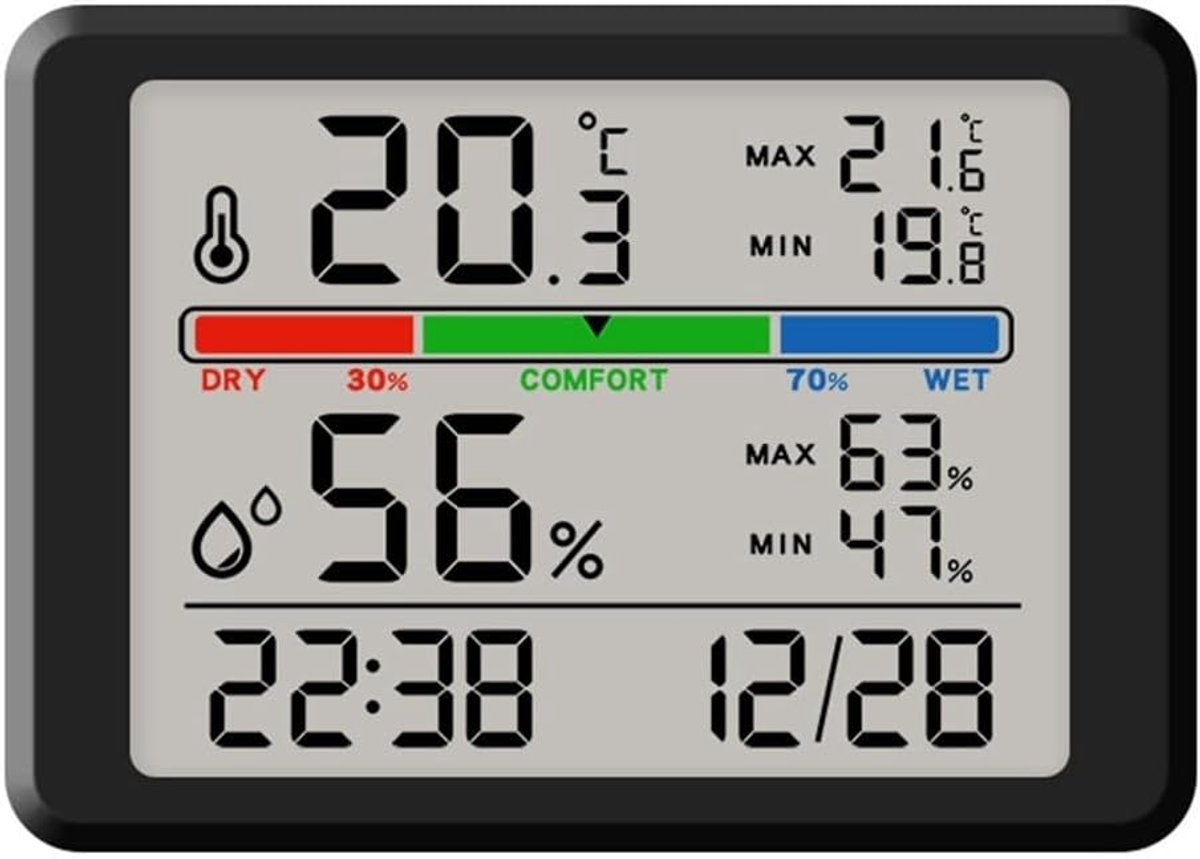 Wekker - Digital Hygrometer - Room Thermometer - Temperature and Humidity Meter - Baby's Room - Children's Room - Office - Kitchen - Wall Mounted in Garage