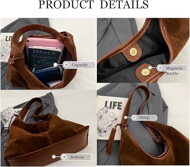 Leather Hobo Bags for Women Brown Purses Suede Purse Slouchy Tote Bag Suede Tote Bag Fall Winter Purses Handbag โ image 5
