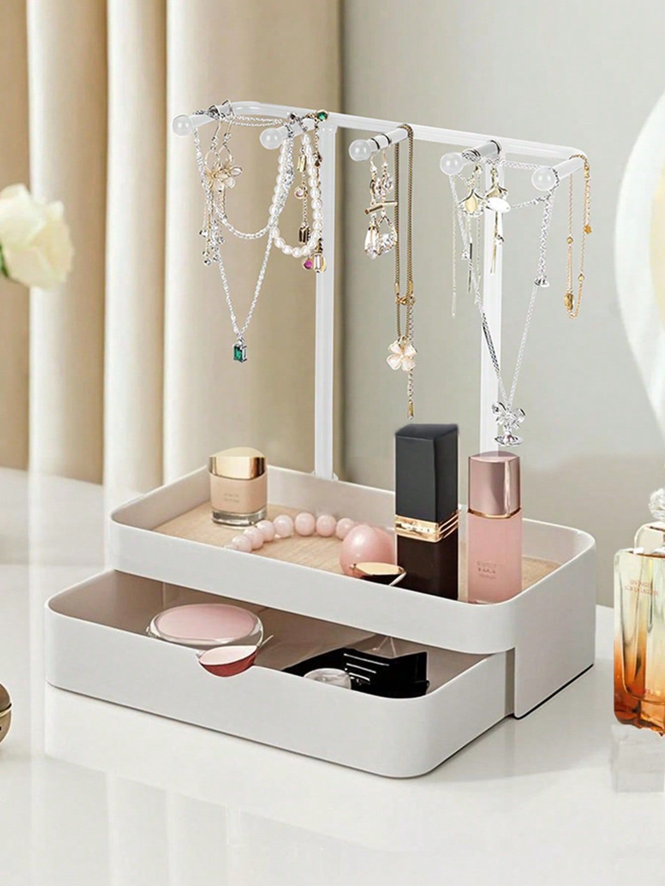 Black Jewelry Display Stand With Drawer Box For Earrings Necklaces Storage Wooden Base Hanging Rack For Bracelets Rings Watches Summer Necessity Travel Gift