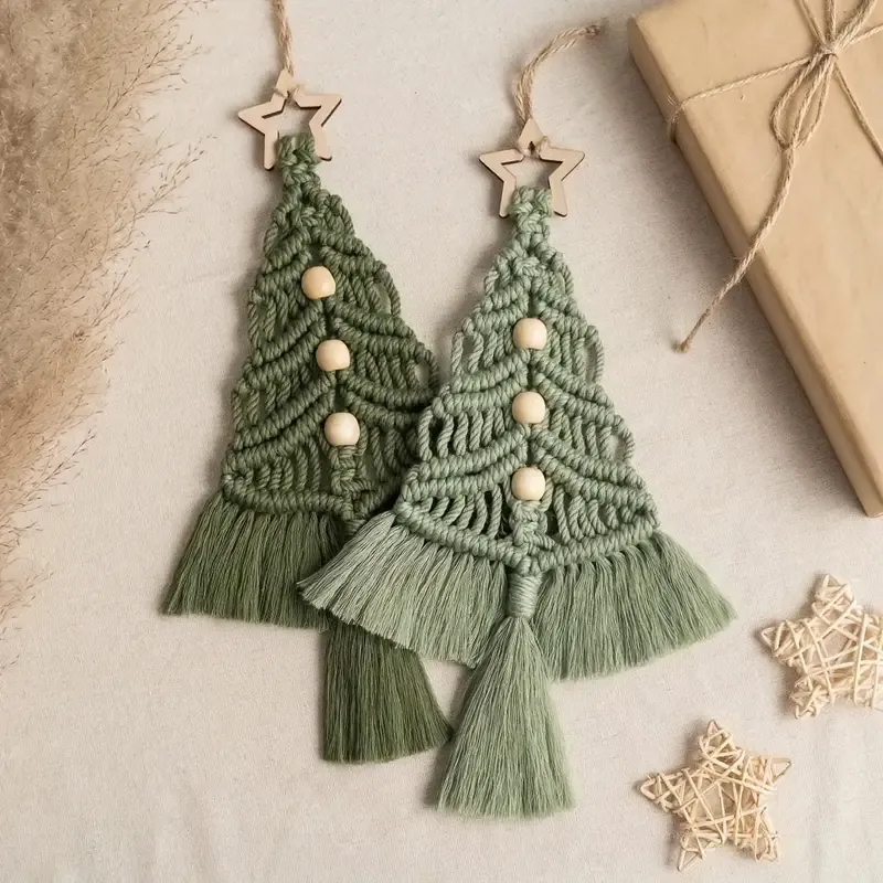 Bohemian woven Christmas tree wall hanging, handmade from pure cotton, accented with wooden beads and tassels, an artistic and healing holiday decoration โ image 2