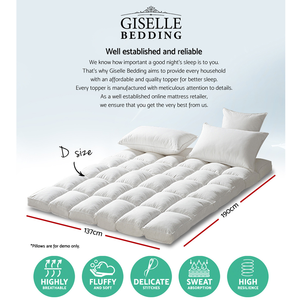 Giselle Bedding Pillowtop Mattress Topper 5cm Thick Pad for Back Pain Relief Washable Underlay Protector 1000GSM Microfibre Filling 45cm Deep Pocket Double โ image 2