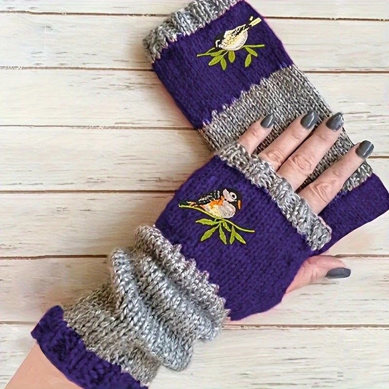 Color-Block Bird Embroidered Fingerless Knit Gloves – Warm, Flexible, Perfect for Daily Autumn/Winter Use, 8.5×22cm Stylish Practical Commute Hand-Warming — image 3