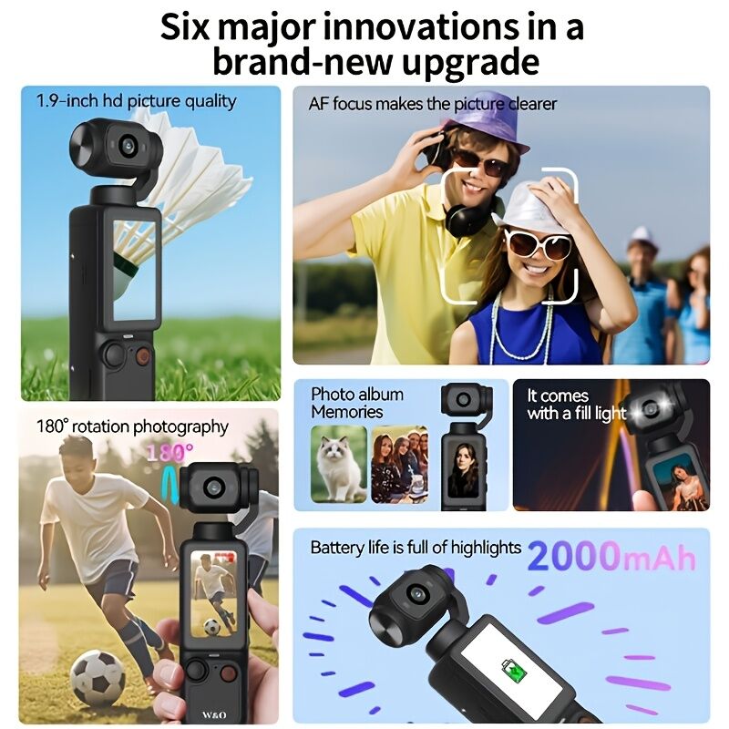 WHITE**4K HD 180° Rotating Anti-Shake Action Camera|1.9-Inch Screen + 2000mAh Battery, Compact & Portable Vlogging & Travel Companion — Streamlined Design — image 6