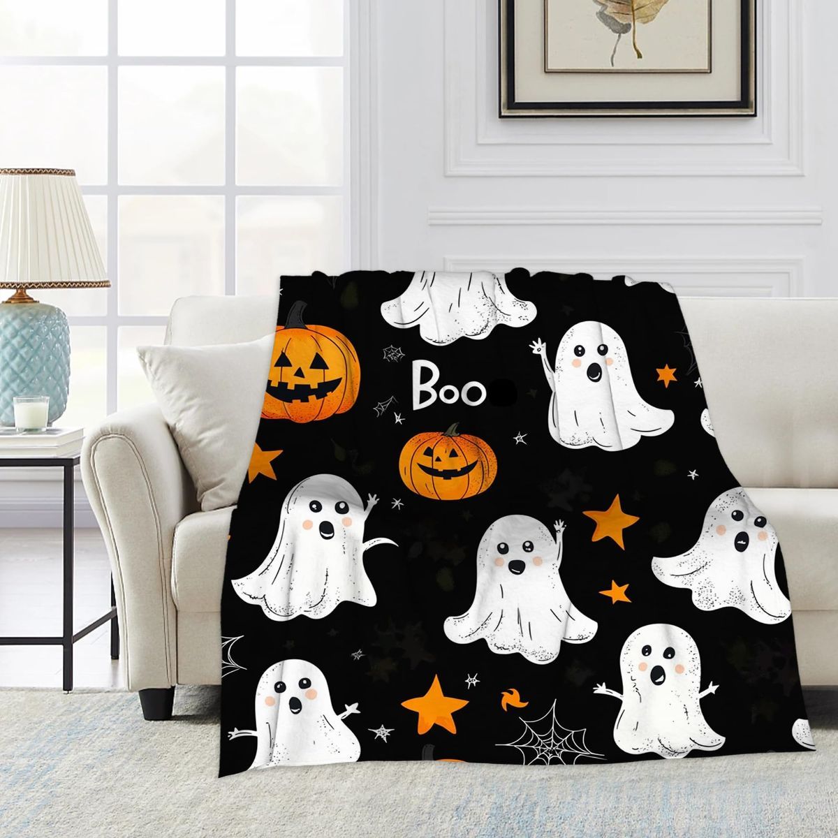 Halloween Throw Blanket Cozy Microfiber Blanket Soft Flannel Throw Festive Home Pumpkin Spider and bat - Black - Size 100cm*150cm โ image 3