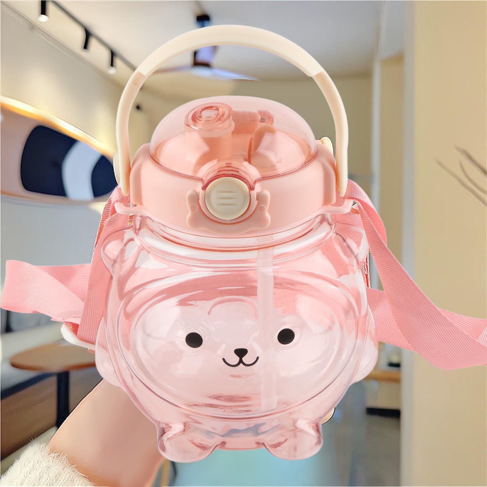 Large Water Bottle 1000ml Cartoon Bear Shape Portable Drinking Bottle with Straw Strap for Summer Pink — image 5