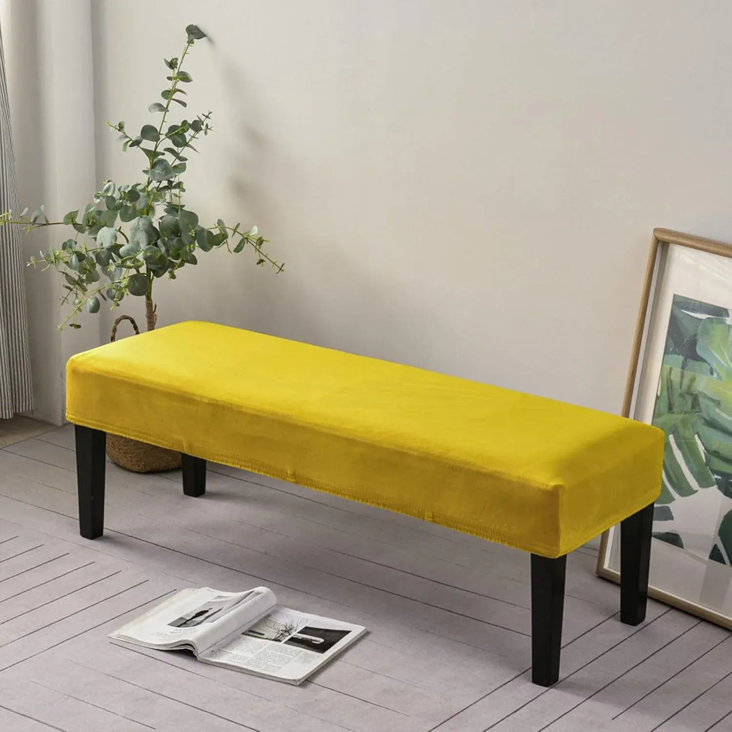 Dining Bench Cushion Cover Stretch Velvet Washable Rectangle Seat Protector for Dining Room Piano Bench Living Room Bedroom Yellow — image 3