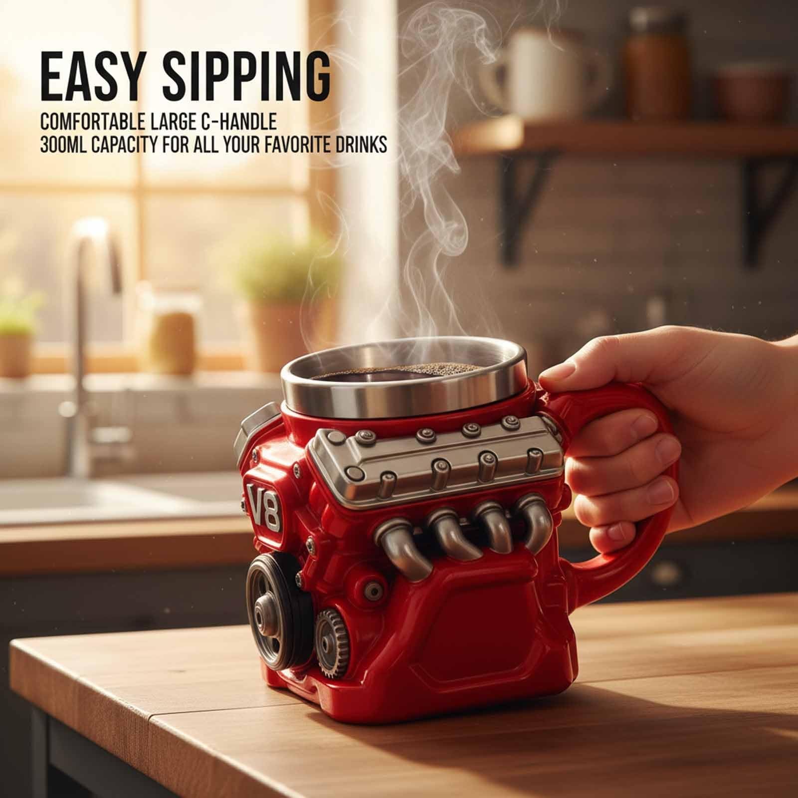 3D V8 Engine Coffee Mug Stainless Steel Liner Resin Novelty Cup 300ml Double Wall Insulated Gift for Car Enthusiasts Mechanics Red — image 4