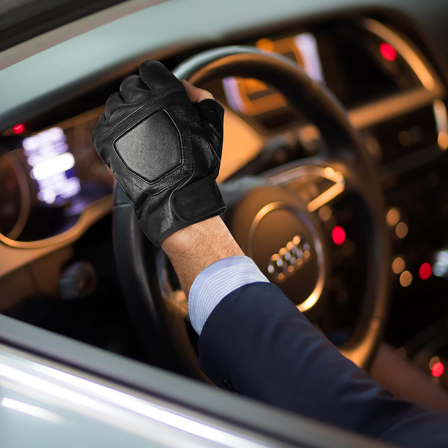 Genuine Leather Cycling Fingerless Gloves, Outdoor Driving Motorcycle Sport Half Finger Glove for Men Women Teens โ image 6
