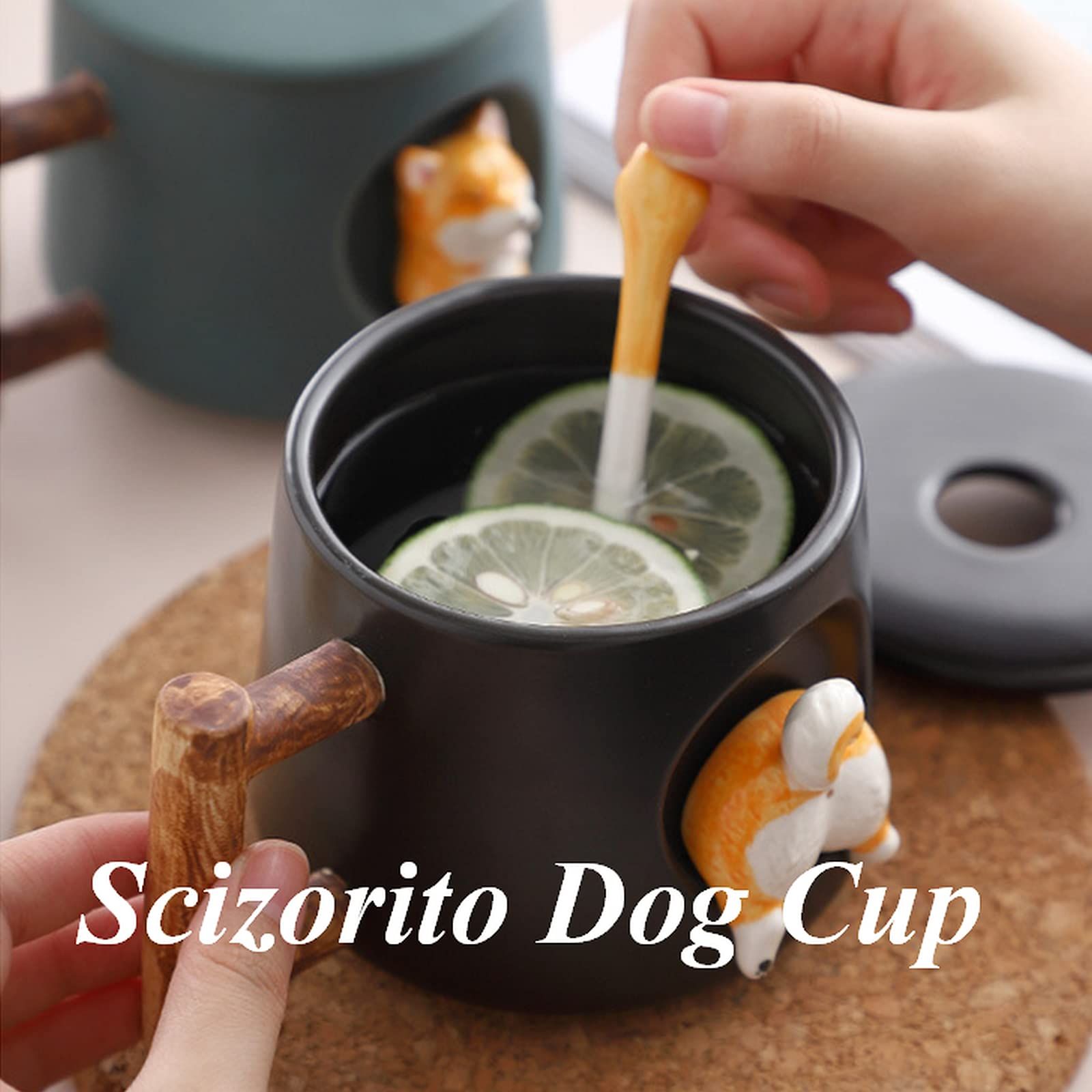 Cute Dog Couple Cup, Ceramic Coffee Mug with a Lid, Cute Paws on the Top of the Spoon, with Matte Texture, (420ML Black Head) — image 3