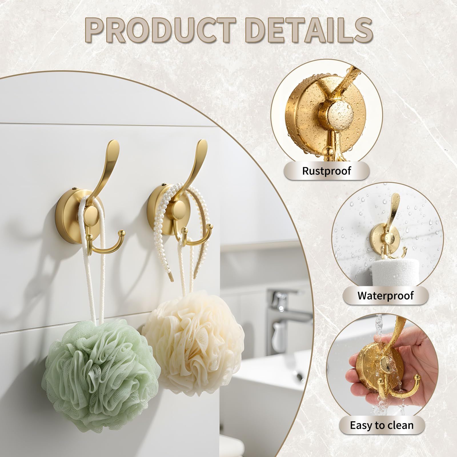 2pcs Cup Hooks for Shower,Bathroom - Heavy Duty, Removable,Waterproof, No Drill Holds Towels, Robes, Wreath on Glass, Tile, Mirror, Door(Golden)double-headed — image 4
