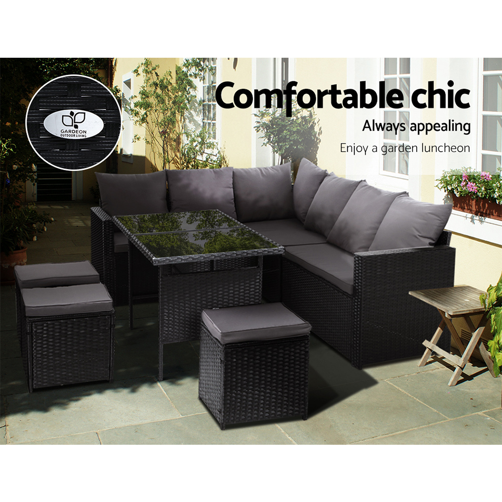 Gardeon Outdoor Dining Set Sofa Lounge Setting Chairs Table Ottoman Black Cover โ image 3