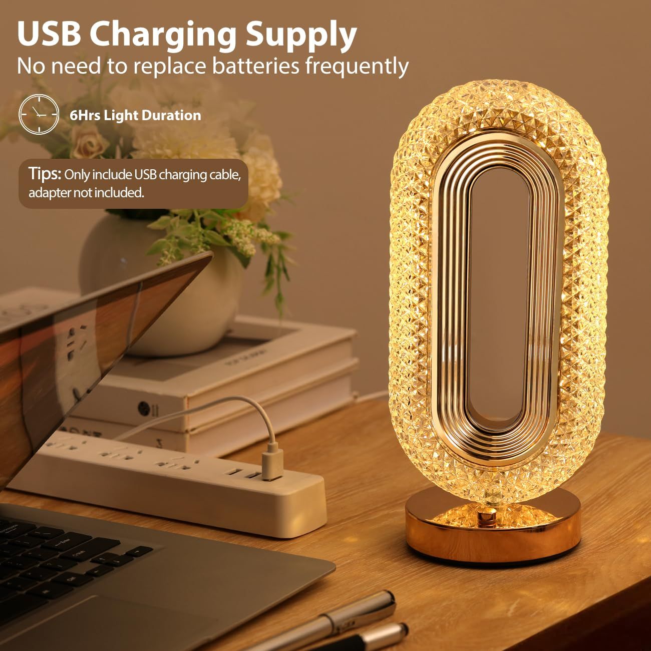 Oval Table Lamp, Stepless Dimmable Touch Lamp with 3 Colors, Rechargeable Night Light with USB Port, Crystal Modern Oval Light — image 2
