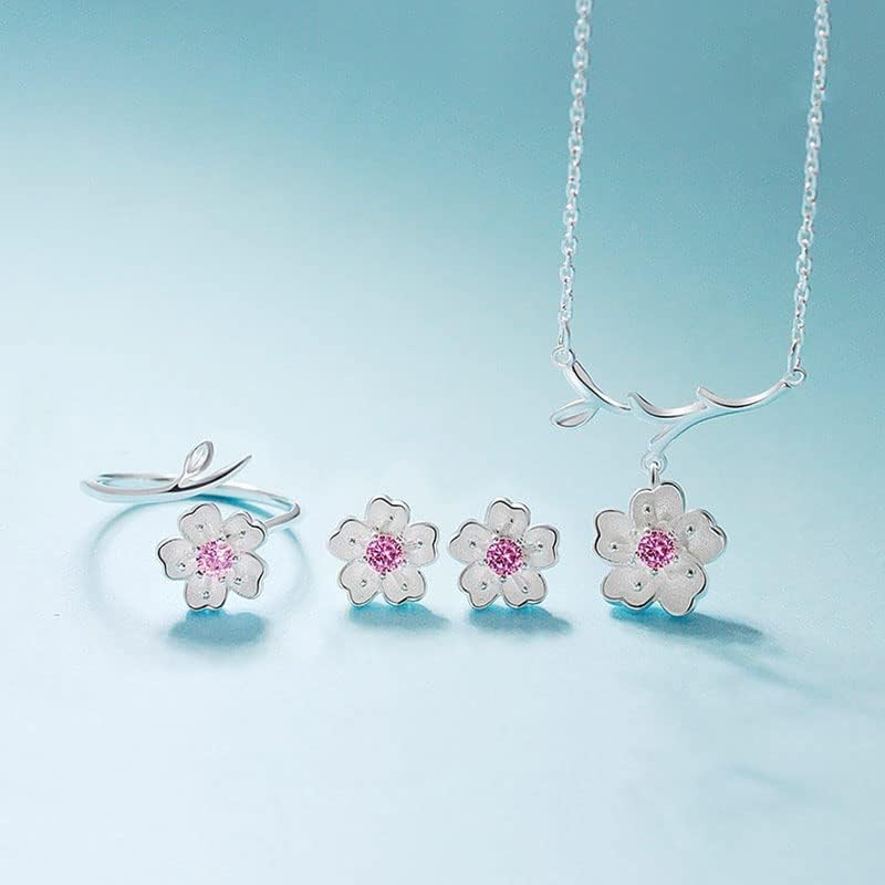 925 Sterling Silver Jewelry Sets Romantic Cherry Blossoms Flower Necklace+Earrings+Ring+Bracelet For Women Gift — image 4