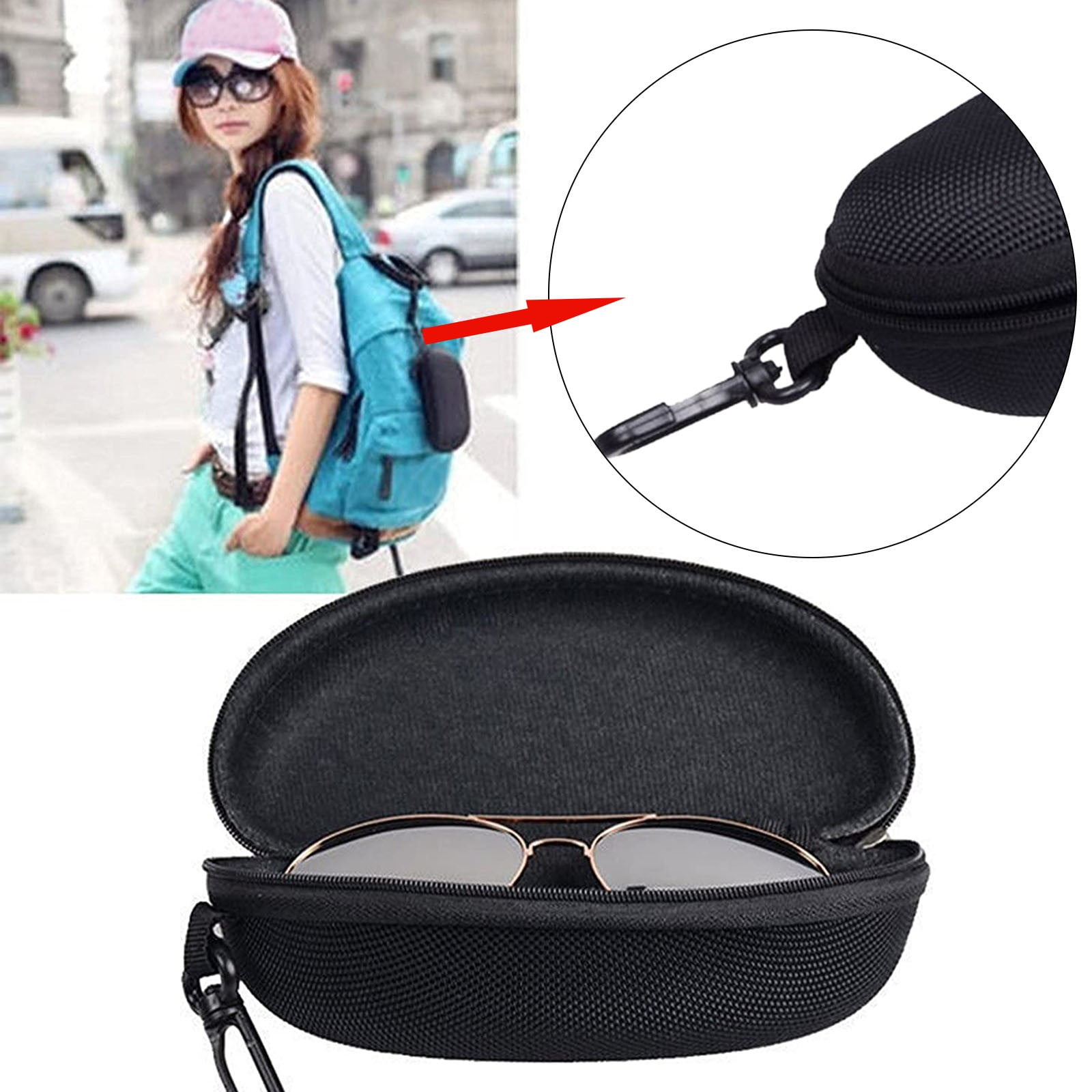 1 Pack Sunglasses Case,Glasses Case with Carabiner Travel Zipper,Hard EVA Shell Shockproof Sport Glasses Case,Portable Zipper Protect Case, Black — image 2
