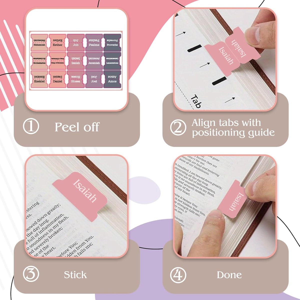 Bible Tab Stickers Self-Adhesive - Tabs Paper - Accessories - Bible Study - English Version - Easy to Read and Use Bible Journaling - Pink-Gray - 75 Laminated โ image 3