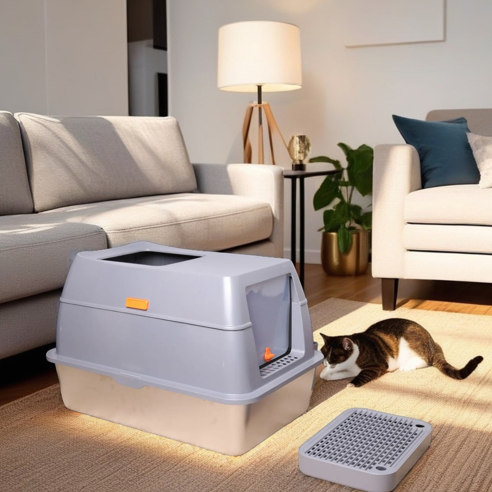 65L Big Cat Stainless Steel Litter Box With Lid High Wall With Triple Pedal Gray — image 5