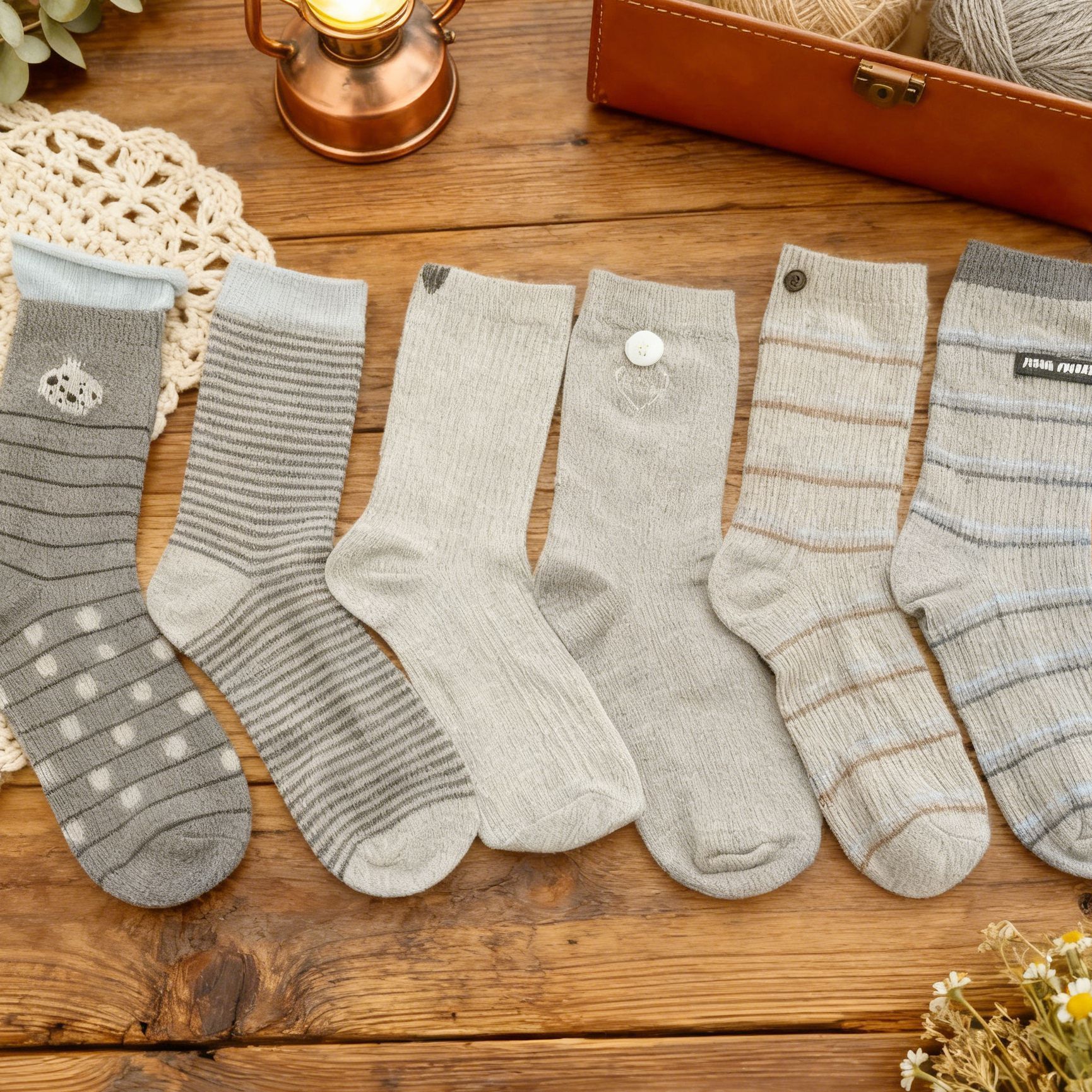 Unisex Grey Mid-Calf Socks, Preppy Collegiate Style with Stripes, Hearts and Button Details, 5 Pairs โ image 6