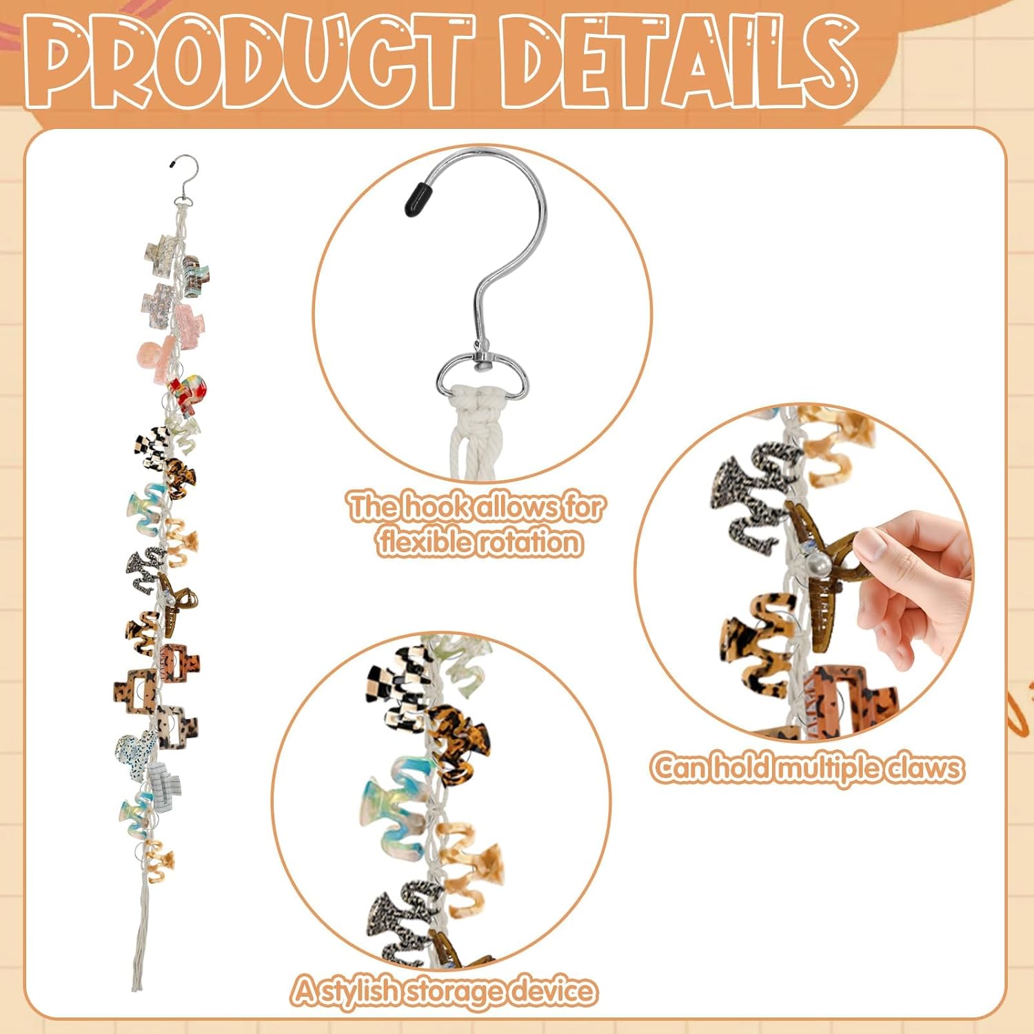 Hanging Braided Hair Clip Organizer with Swivel Hook and 20 Metal Rings, Claw Clip Organizer Daily Necessities for Women, Flexible Hanging Storage Decor for — image 3