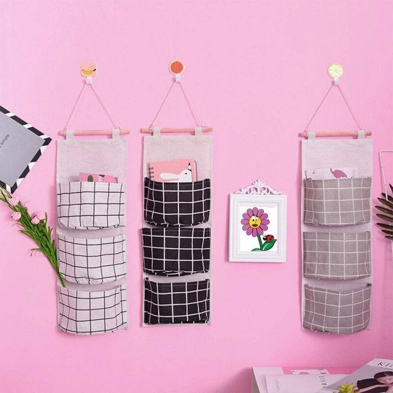 3 Pcs Hanging Storage Bag with 3 Pockets, Fabric Wall Shelf Basket Storage Pouch Organizer for Bedroom Bathroom Kitchen, Waterproof and Stylish — image 3