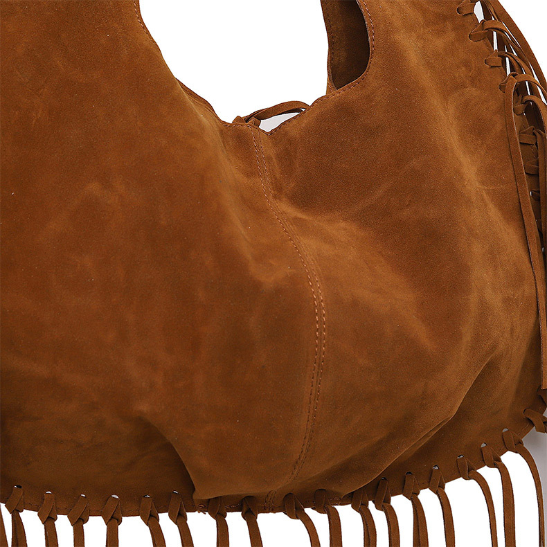 Brown Boho Chic Fringed Hobo Bag - Large Capacity Soft Faux Suede Shoulder Tote with Tassel Detail โ image 5